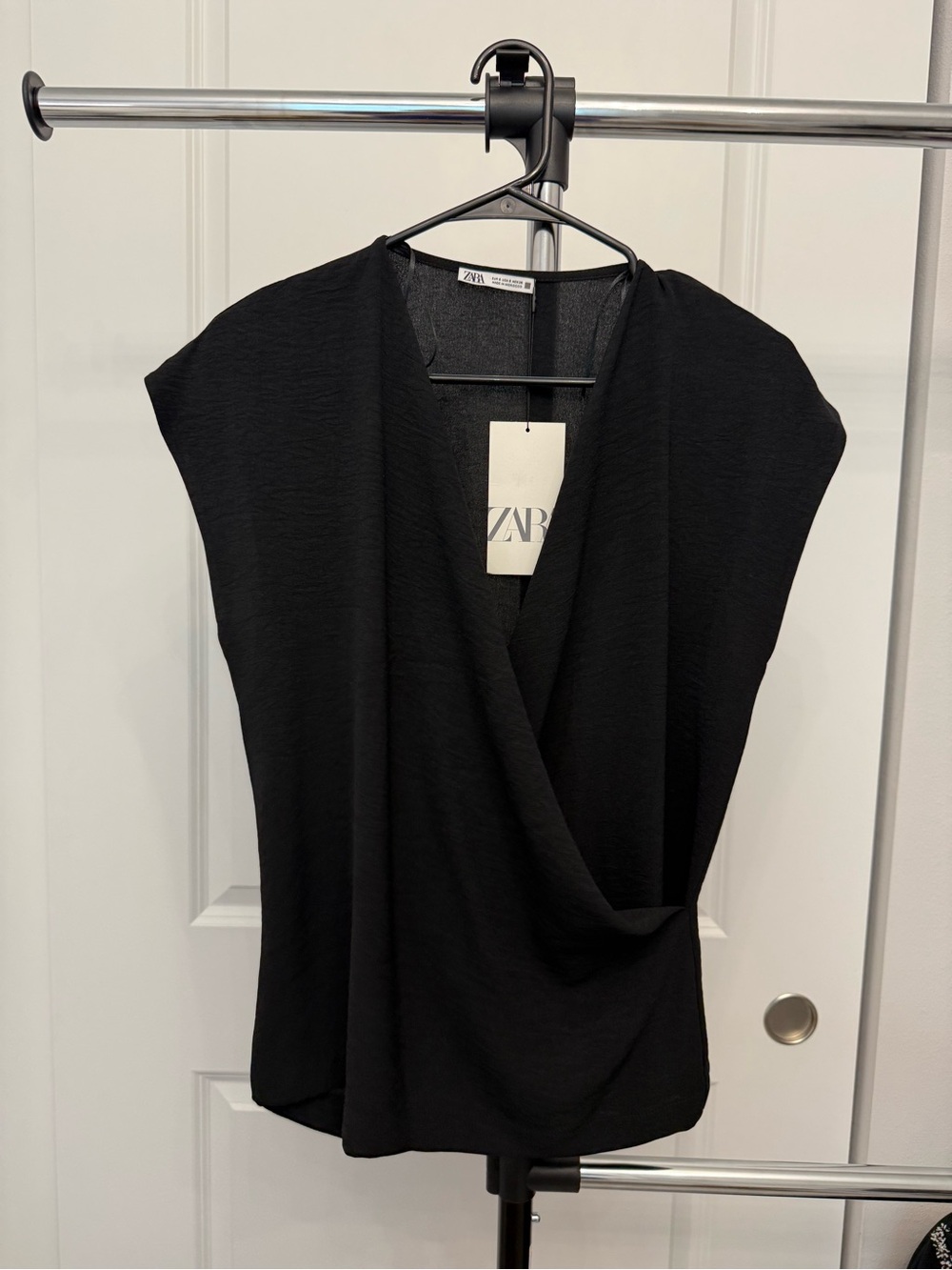ZARA Black Draped V-Neck Cap Sleeve Top